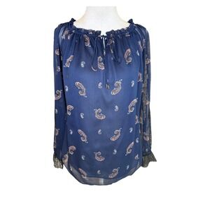 White House Black Market Blue Paisley Blouse Sheer Cami Under Long Sleeve XS
